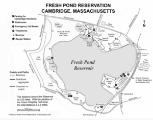 Official City of Cambridge trail map of Fresh Pond Reservation. Includes the 2.25-mile walking loop, water access, and trailhead locations.